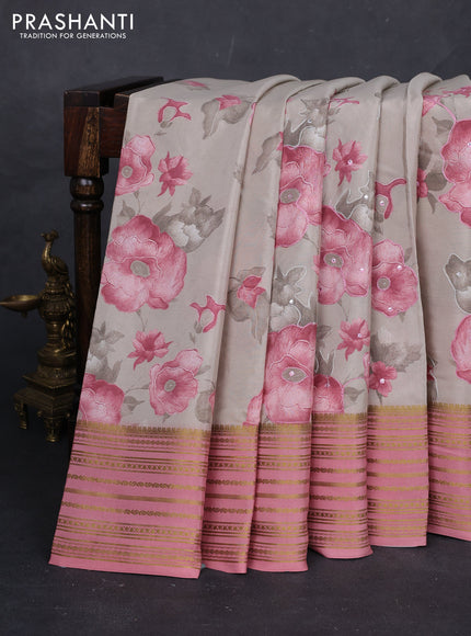 Beige & Pastel Pink Pure Mysore Silk - Embroidery