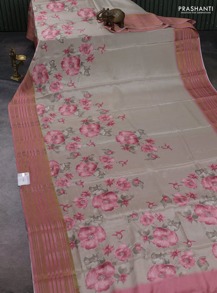 Beige & Pastel Pink Pure Mysore Silk - Embroidery