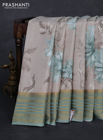 Beige & Pastel Green Pure Mysore Silk - Embroidery