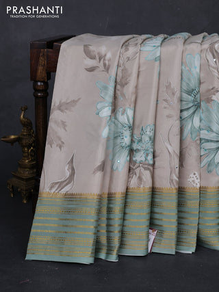 Beige & Pastel Green Pure Mysore Silk - Embroidery