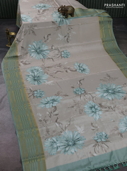Beige & Pastel Green Pure Mysore Silk - Embroidery