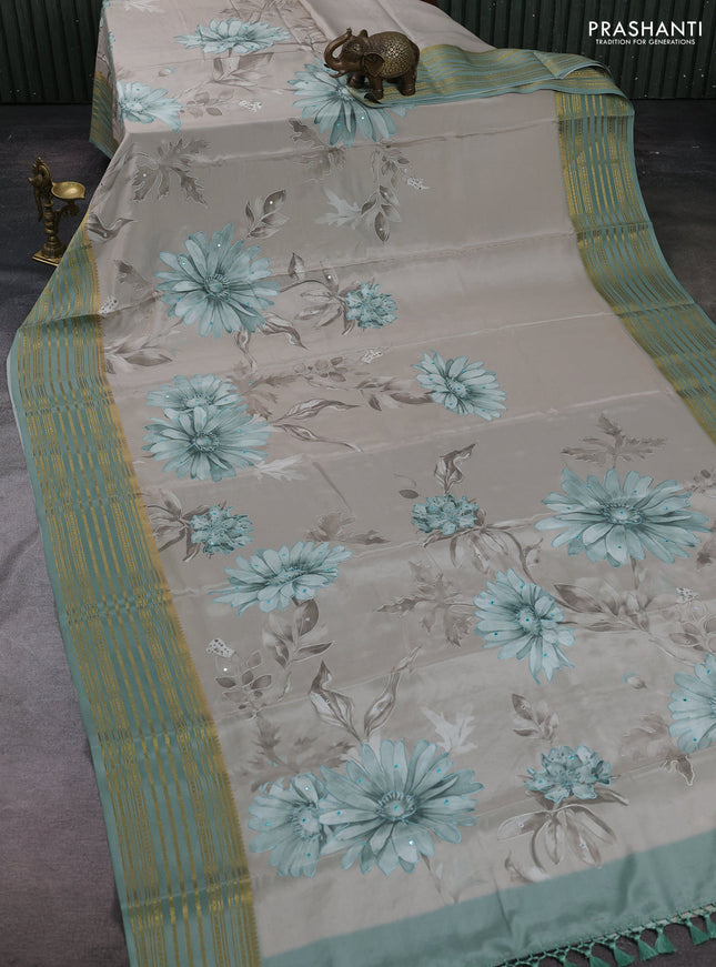 Beige & Pastel Green Pure Mysore Silk - Embroidery