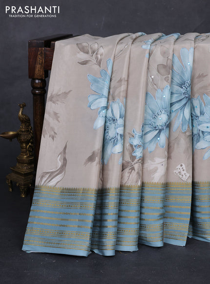 Beige & Pastel Blue Pure Mysore Silk - Embroidery