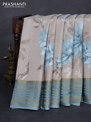 Beige & Pastel Blue Pure Mysore Silk - Embroidery