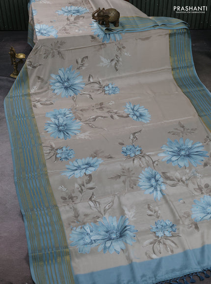 Beige & Pastel Blue Pure Mysore Silk - Embroidery
