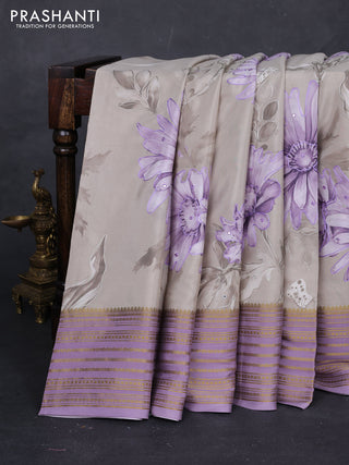Beige & Lavender Pure Mysore Silk - Embroidery