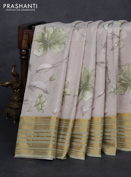 Beige & Pastel Green Pure Mysore Silk - Embroidery