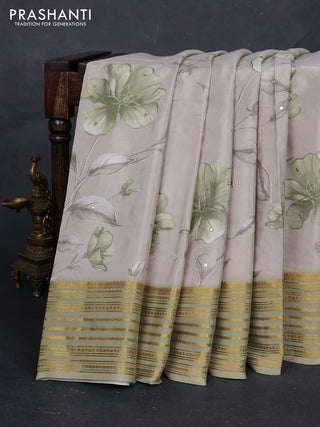 Beige & Pastel Green Pure Mysore Silk - Embroidery