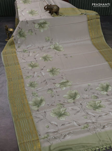Beige & Pastel Green Pure Mysore Silk - Embroidery