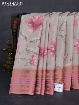 Beige & Peach Pink Pure Mysore Silk - Embroidery