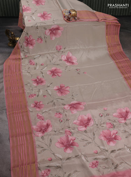 Beige & Peach Pink Pure Mysore Silk - Embroidery