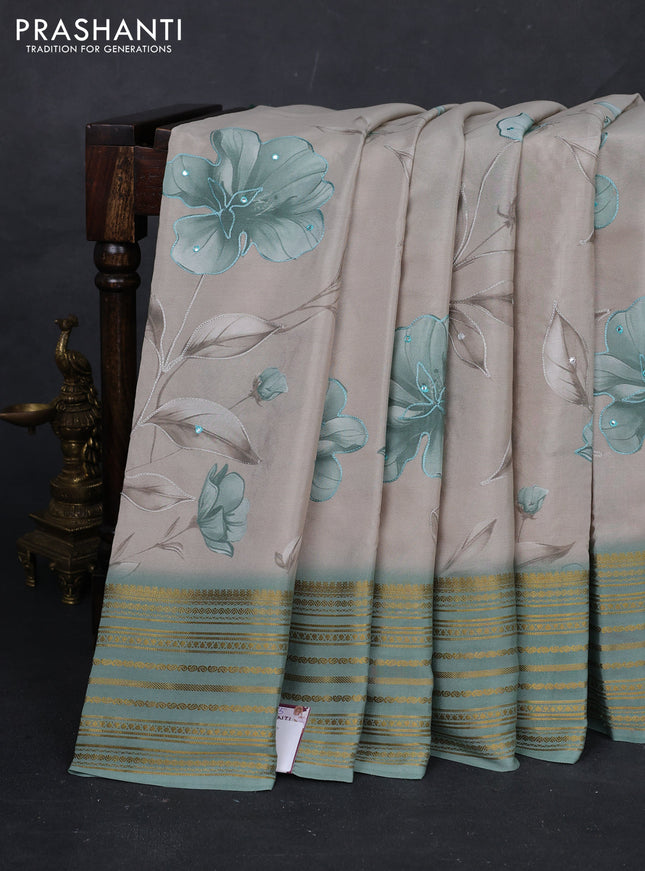 Beige & Pastel Green Pure Mysore Silk - Embroidery