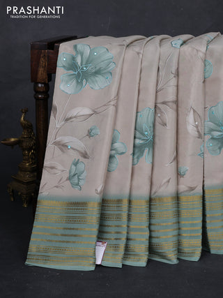 Beige & Pastel Green Pure Mysore Silk - Embroidery