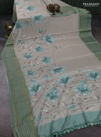 Beige & Pastel Green Pure Mysore Silk - Embroidery