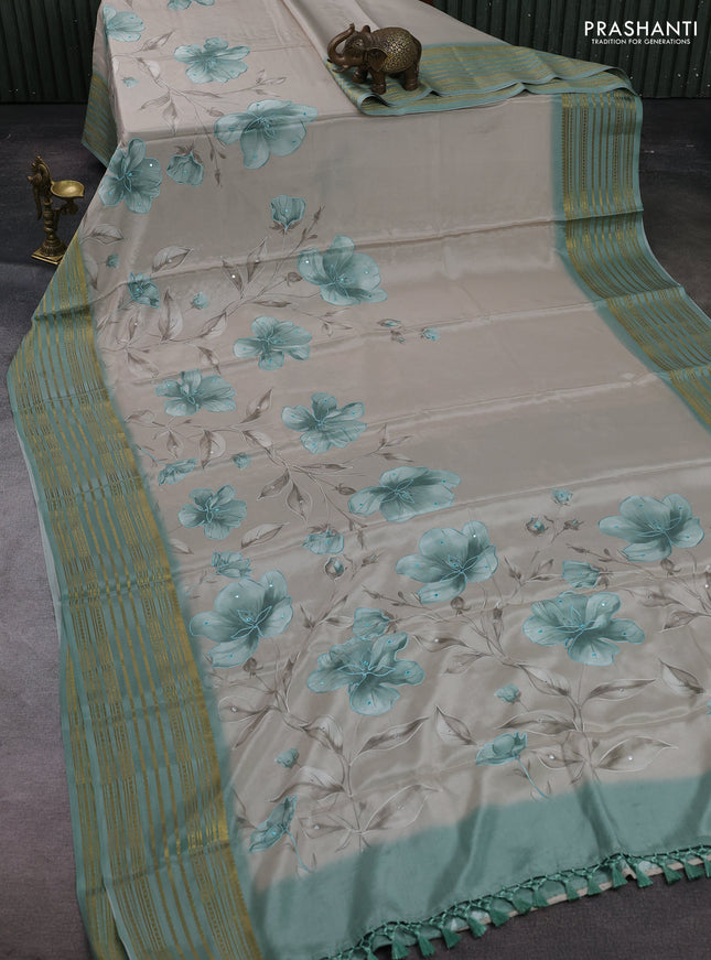 Beige & Pastel Green Pure Mysore Silk - Embroidery