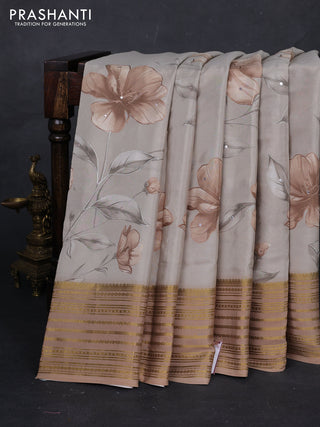 Beige & Pastel Brown Pure Mysore Silk - Embroidery