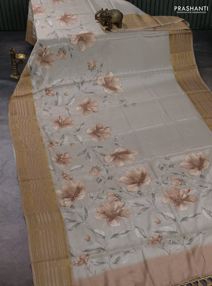Beige & Pastel Brown Pure Mysore Silk - Embroidery
