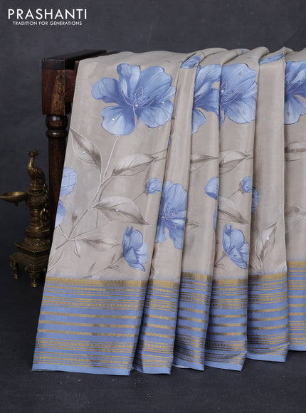 Beige & Blue Pure Mysore Silk - Embroidery