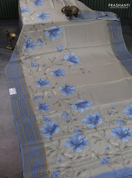 Beige & Blue Pure Mysore Silk - Embroidery