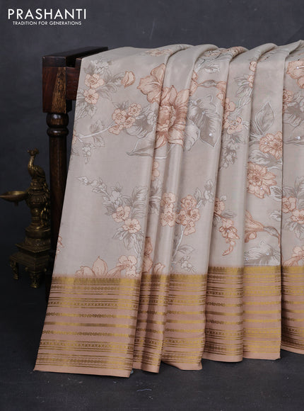 Beige & Pastel Brown Pure Mysore Silk - Embroidery