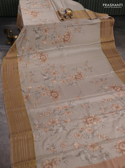 Beige & Pastel Brown Pure Mysore Silk - Embroidery