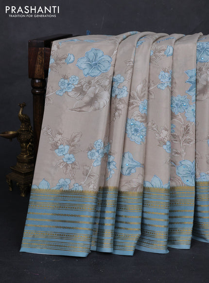 Beige & Pastel Blue Pure Mysore Silk - Embroidery