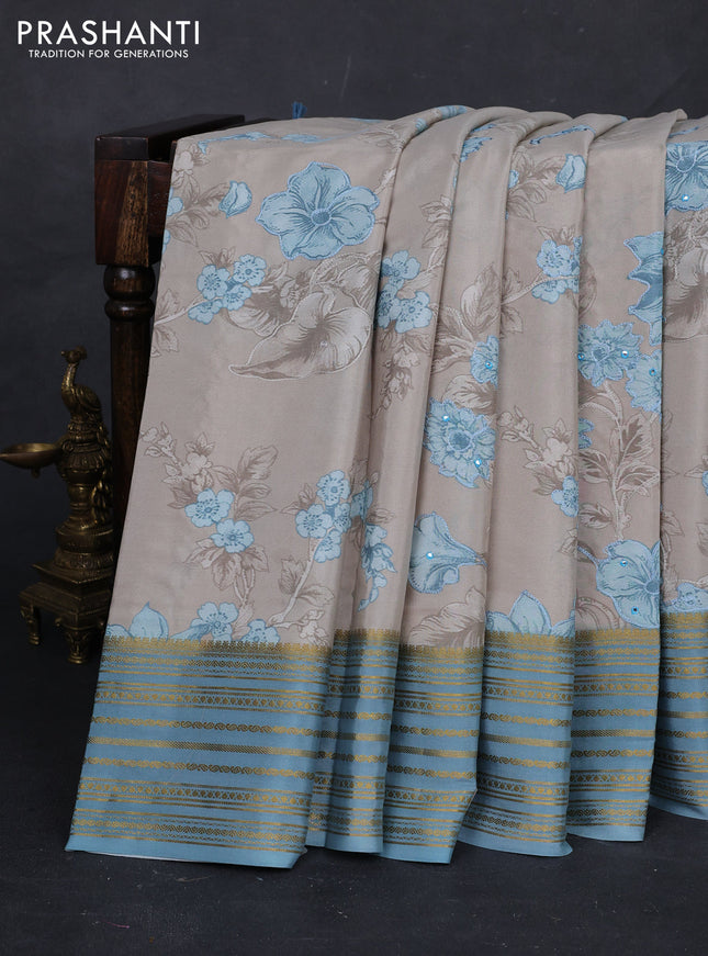 Beige & Pastel Blue Pure Mysore Silk - Embroidery