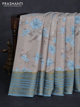 Beige & Pastel Blue Pure Mysore Silk - Embroidery