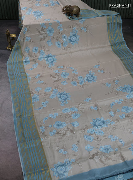 Beige & Pastel Blue Pure Mysore Silk - Embroidery