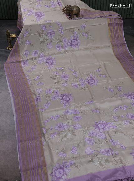Beige & Lavender Pure Mysore Silk - Embroidery