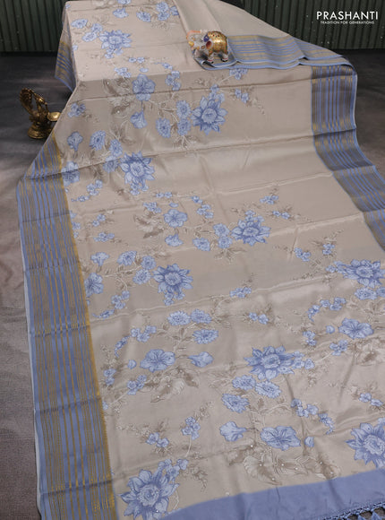 Beige & Grey Pure Mysore Silk - Embroidery