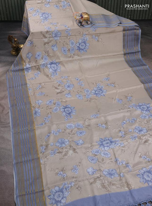 Beige & Grey Pure Mysore Silk - Embroidery