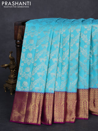 Light Blue & Purple Pure Kanchipuram Silk Saree - Brocade