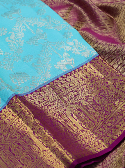 Light Blue & Purple Pure Kanchipuram Silk Saree - Brocade