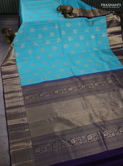 Light Blue & Navy Blue Pure Kanchipuram Silk Saree - Brocade