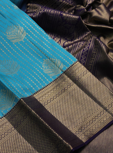 Light Blue & Navy Blue Pure Kanchipuram Silk Saree - Brocade