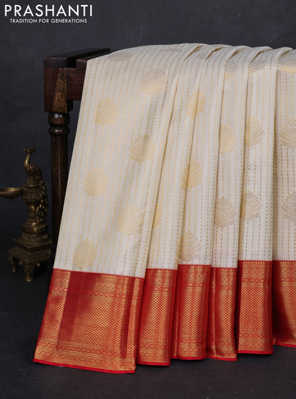 Off White & Red Pure Kanchipuram Silk Saree - Brocade