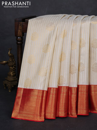Off White & Red Pure Kanchipuram Silk Saree - Brocade