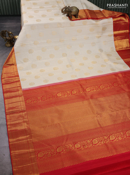 Off White & Red Pure Kanchipuram Silk Saree - Brocade