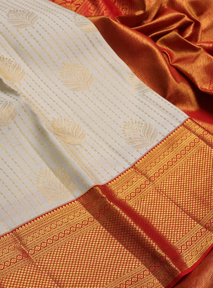 Off White & Red Pure Kanchipuram Silk Saree - Brocade