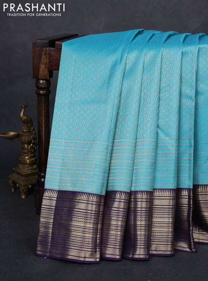 Light Blue & Navy Blue Pure Kanchipuram Silk Saree - Brocade