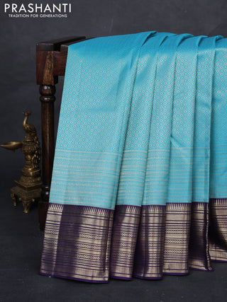 Light Blue & Navy Blue Pure Kanchipuram Silk Saree - Brocade