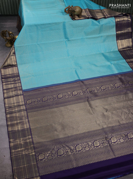 Light Blue & Navy Blue Pure Kanchipuram Silk Saree - Brocade