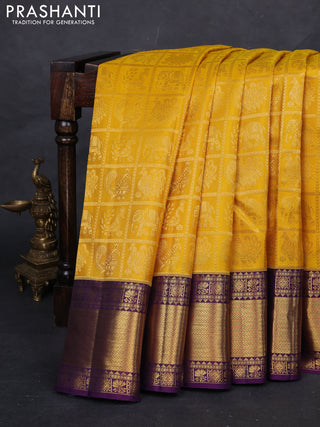 Mustard & Purple Pure Kanchipuram Silk Saree - Brocade
