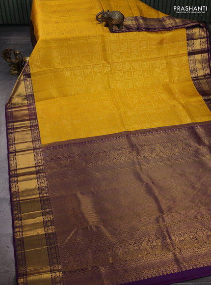 Mustard & Purple Pure Kanchipuram Silk Saree - Brocade