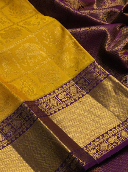 Mustard & Purple Pure Kanchipuram Silk Saree - Brocade