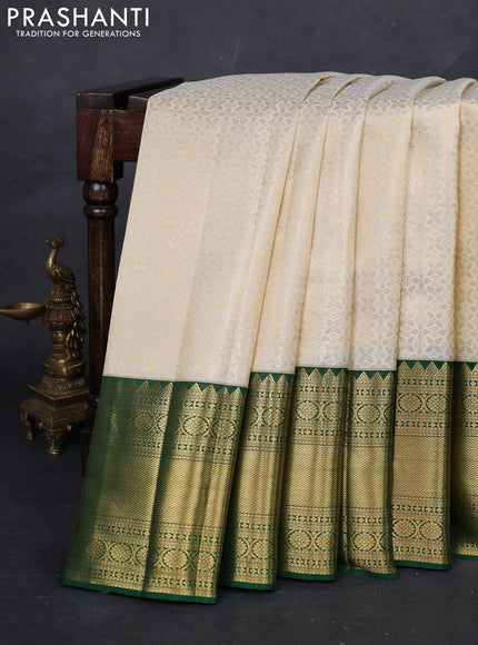 Cream & Bottle Green Pure Kanchipuram Silk Saree - Brocade