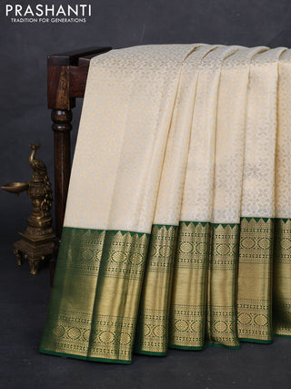 Cream & Bottle Green Pure Kanchipuram Silk Saree - Brocade