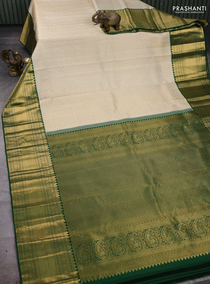 Cream & Bottle Green Pure Kanchipuram Silk Saree - Brocade