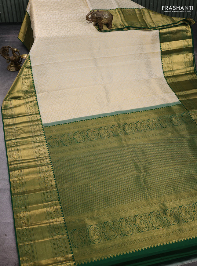 Cream & Bottle Green Pure Kanchipuram Silk Saree - Brocade
